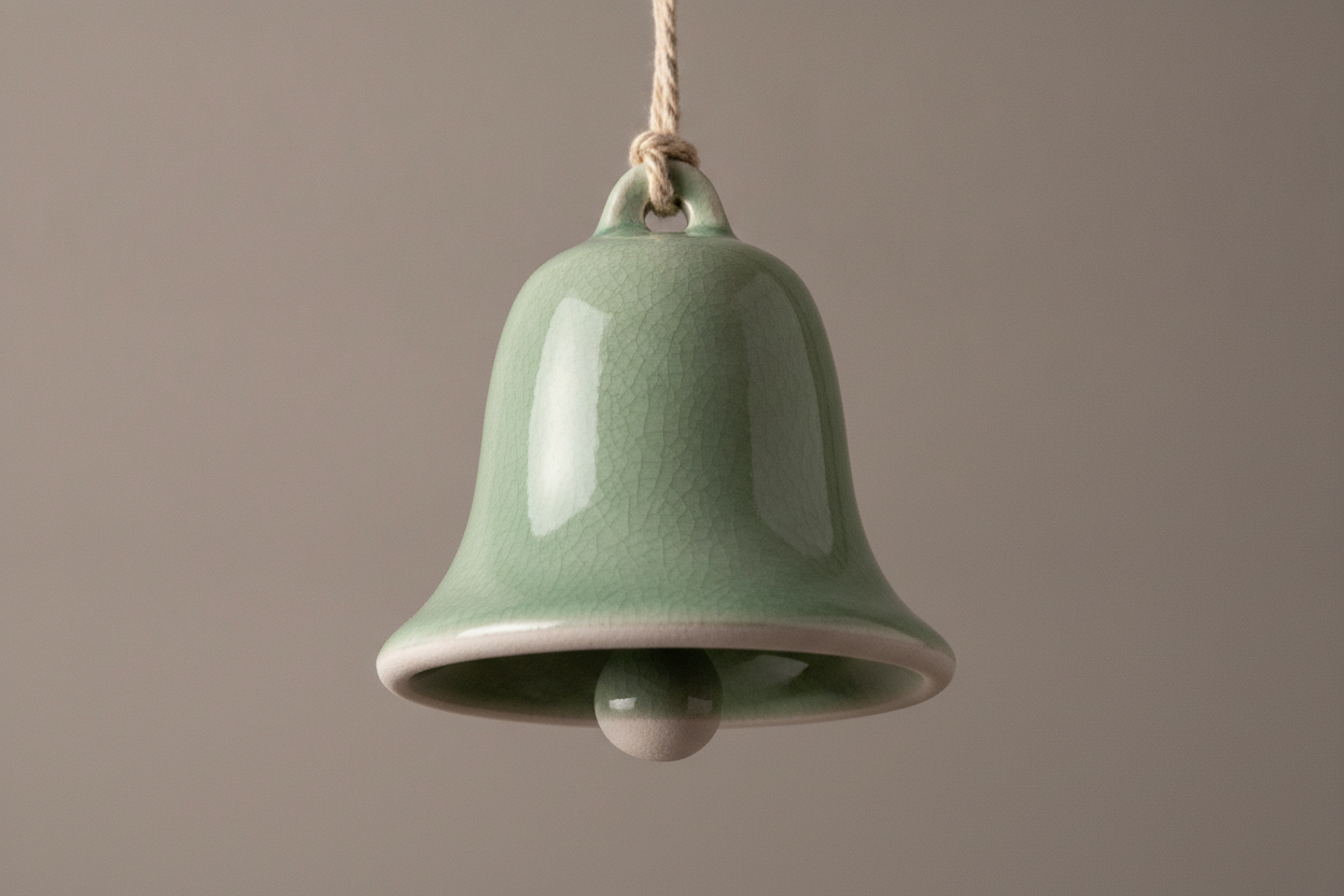 A hand-thrown glazed porcelain bell in pale celadon, with an even crackle across the glaze and a clean band of unglazed white bisque at the rim that reads as a genuine change of texture rather than just a change of colour. It also quietly overturns the rule this series had settled on. The interior was expected to come back as a flat shadow the way guitar f-holes did, and instead the inside of the skirt is fully lit and a rounded clapper hangs in the mouth of the bell. Look at what holds that clapper up: nothing at all. The camera could see into this object, so the model drew the space and then invented the mechanism inside it