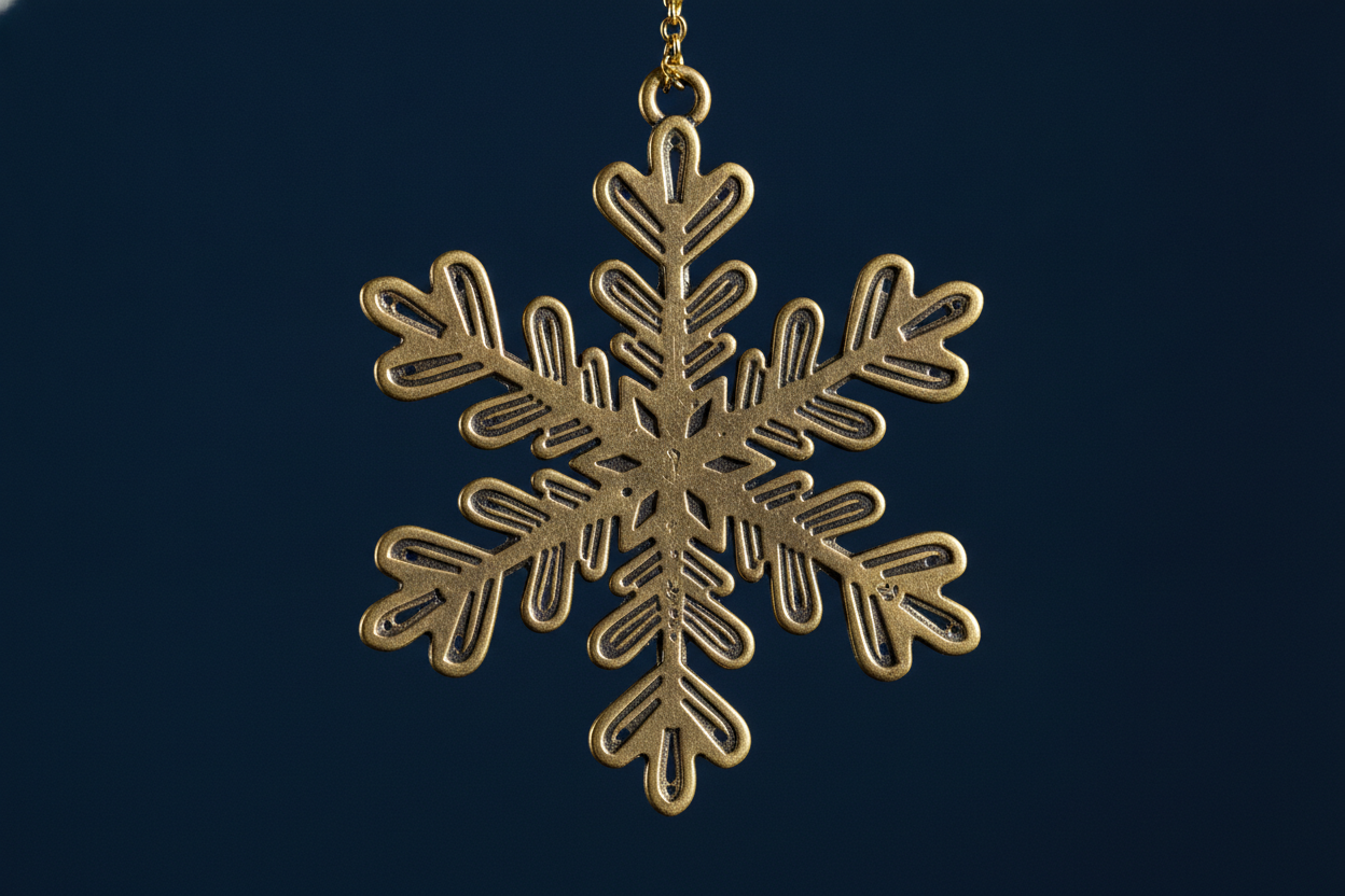 A brass snowflake against midnight blue, and the clearest failure on the page. The preset asked for pierced sheet brass with hundreds of open piercings, so the dark ground would show through a lace of metal, and what arrived is a solid stamped blank with the pattern raised in relief across its face. Nothing is cut through it anywhere. The patina is right, brighter on the raised edges and darker in the recesses, and the outline is the standard decorative snowflake rather than the delicate feathered crystal that was specified. Surface accurate, construction invented, which is the same split the wood and leather pages found