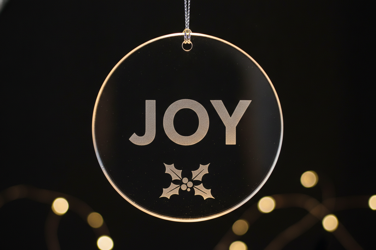 A clear acrylic disc with the single word JOY laser-engraved into the back face in frosted white, a sprig of holly beneath it, and the cut outer edge glowing where light enters the sheet. The spelling is correct first time, which is the honest boundary of what this tool does with type: three common capital letters set large are safe, and a family name or a four-digit year is where it starts inventing letters. The edge glow is real physics rather than a flourish, since acrylic pipes light along the sheet and dumps it at any cut or engraved edge, which is why engraved acrylic ornaments are sold with a lit base