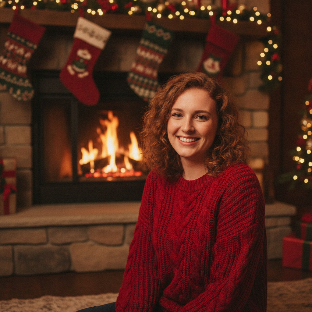 AI Christmas photo generator result showing a person in a cozy red sweater by a glowing fireplace decorated with stockings and warm string lights