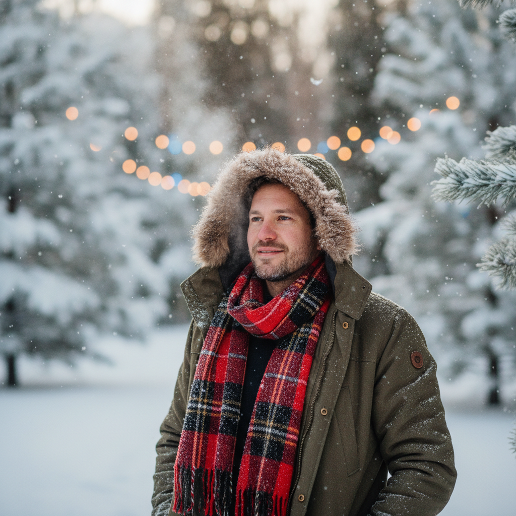 AI Christmas photo generator result showing a person in a winter coat and scarf in a snowy pine forest with falling snowflakes and bokeh lights