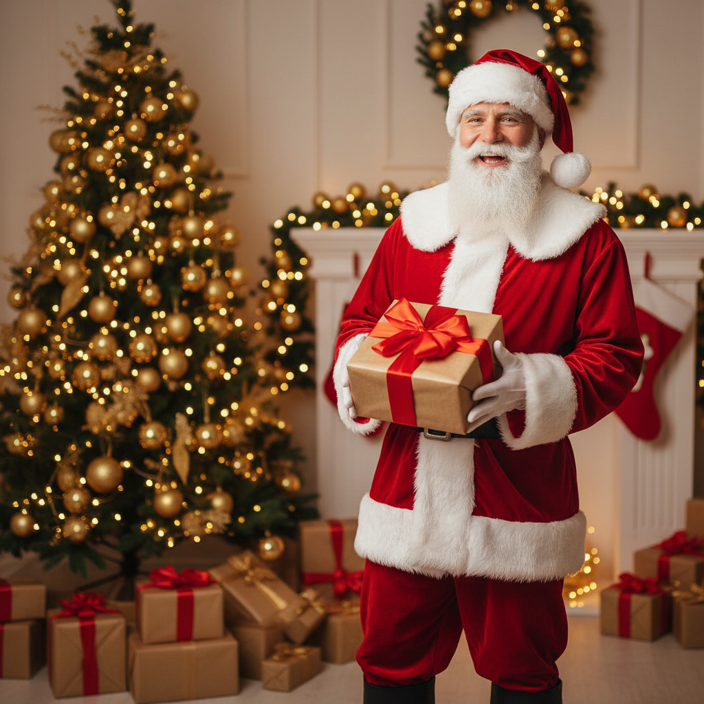 AI Christmas photo generator result showing a person in a classic Santa Claus suit holding a wrapped gift beside a decorated Christmas tree