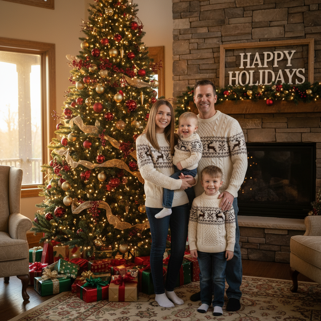 AI Christmas photo generator result showing a warm family portrait beside a decorated Christmas tree with matching cozy sweaters and presents