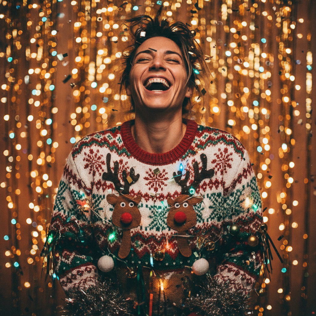AI Christmas photo generator result showing a person laughing in a colorful festive ugly Christmas sweater in front of a wall of holiday lights