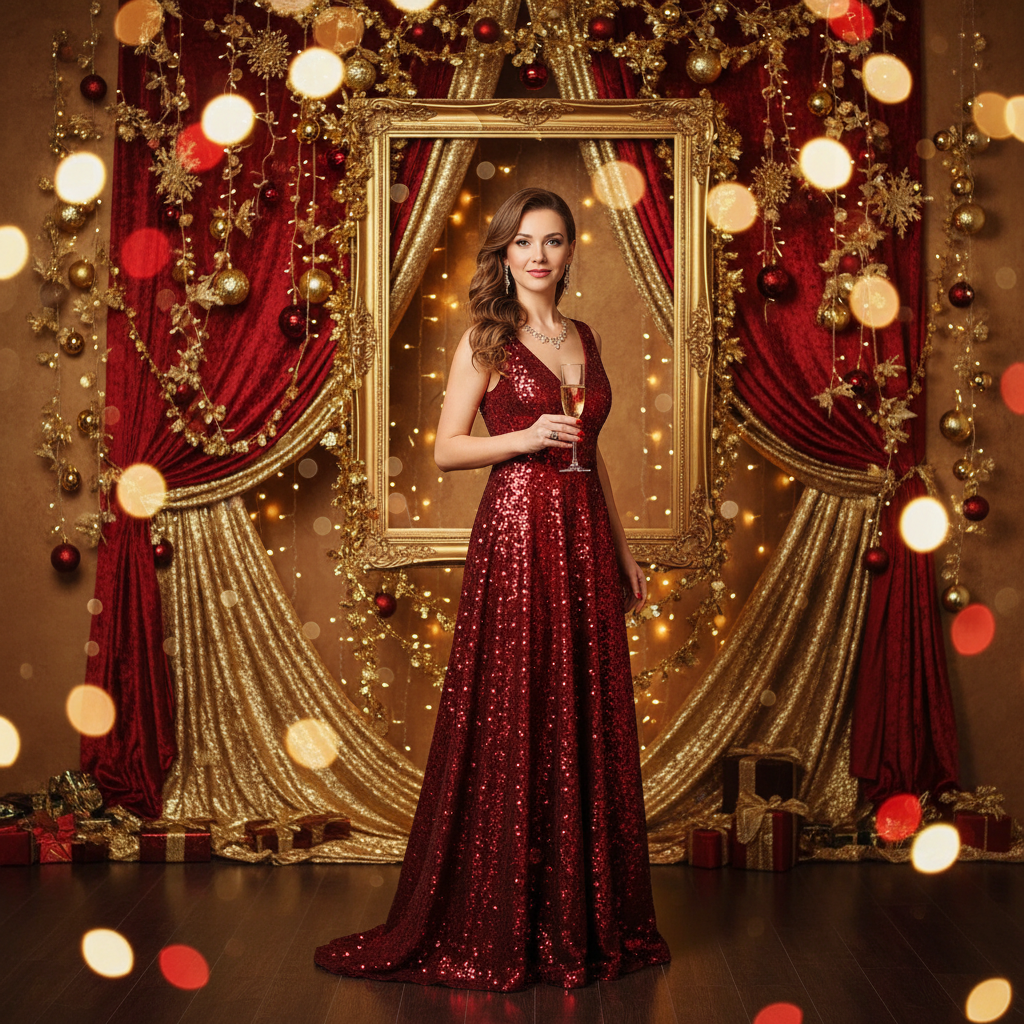 AI Christmas photo generator result showing an elegant woman in a sparkling red gown on a luxurious gold and red holiday studio backdrop