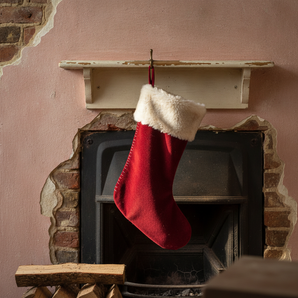 AI Christmas stocking generator result: a crimson velvet stocking with an ivory faux fur cuff on a brass hook under an old chipped mantel shelf