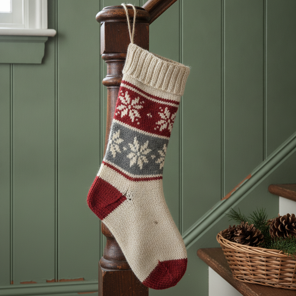 AI Christmas stocking generator result: a hand-knitted Nordic Fair Isle stocking in cream, brick red and charcoal hanging from a staircase newel post
