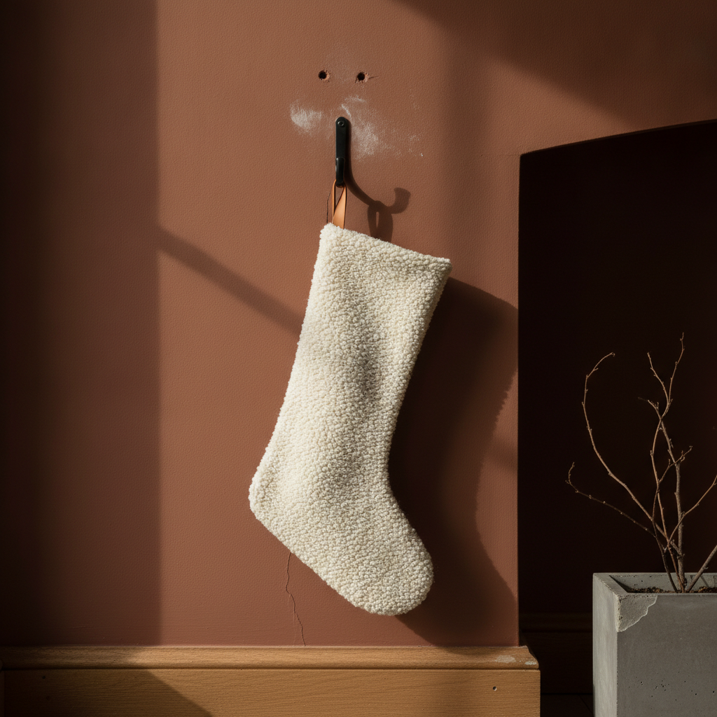 AI Christmas stocking generator result: a modern ivory wool boucle stocking with a plain leather tab on a black iron hook against clay plaster