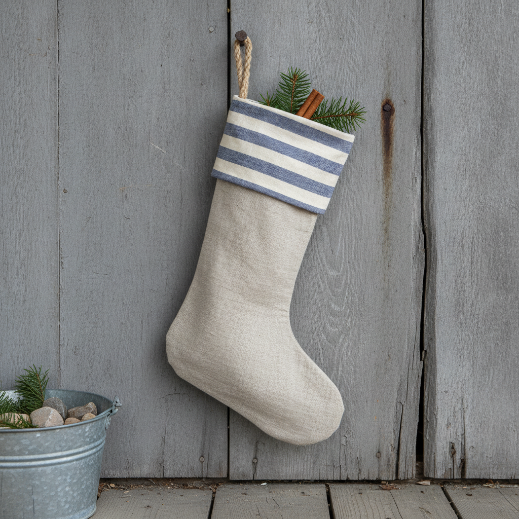 AI Christmas stocking generator result: a rustic flax linen stocking with a blue and cream ticking cuff hanging from a bent nail in weathered clapboard