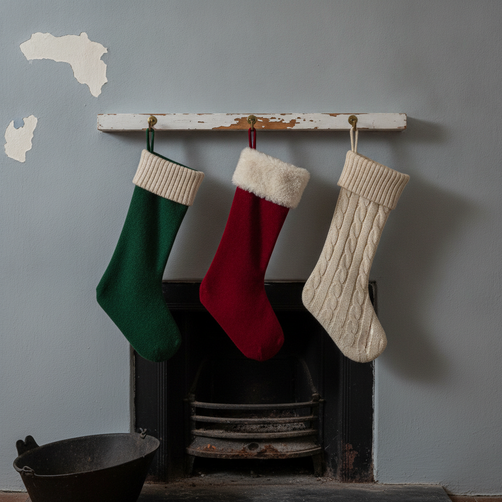 AI Christmas stocking generator result: a row of three stockings in green wool, crimson velvet and cream cable knit on a chipped white mantel shelf