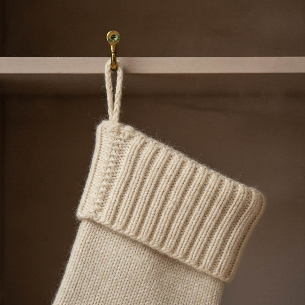 AI Christmas stocking generator result: an extreme close-up of a knitted cream wool cuff, a jute hanging loop and a worn brass cup hook