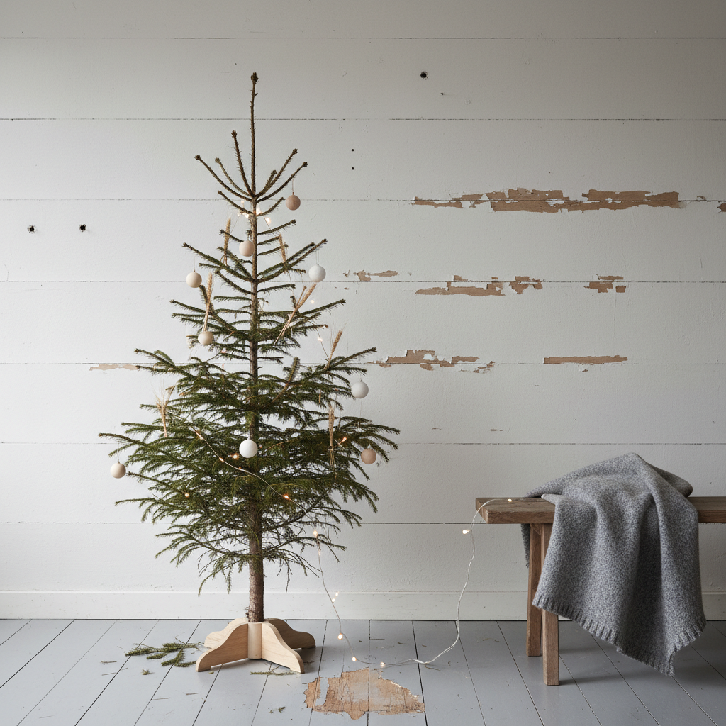 AI Christmas tree design generator result: a slim Scandinavian spruce with bare visible branches, plain pale wood ornaments and dried wheat bundles