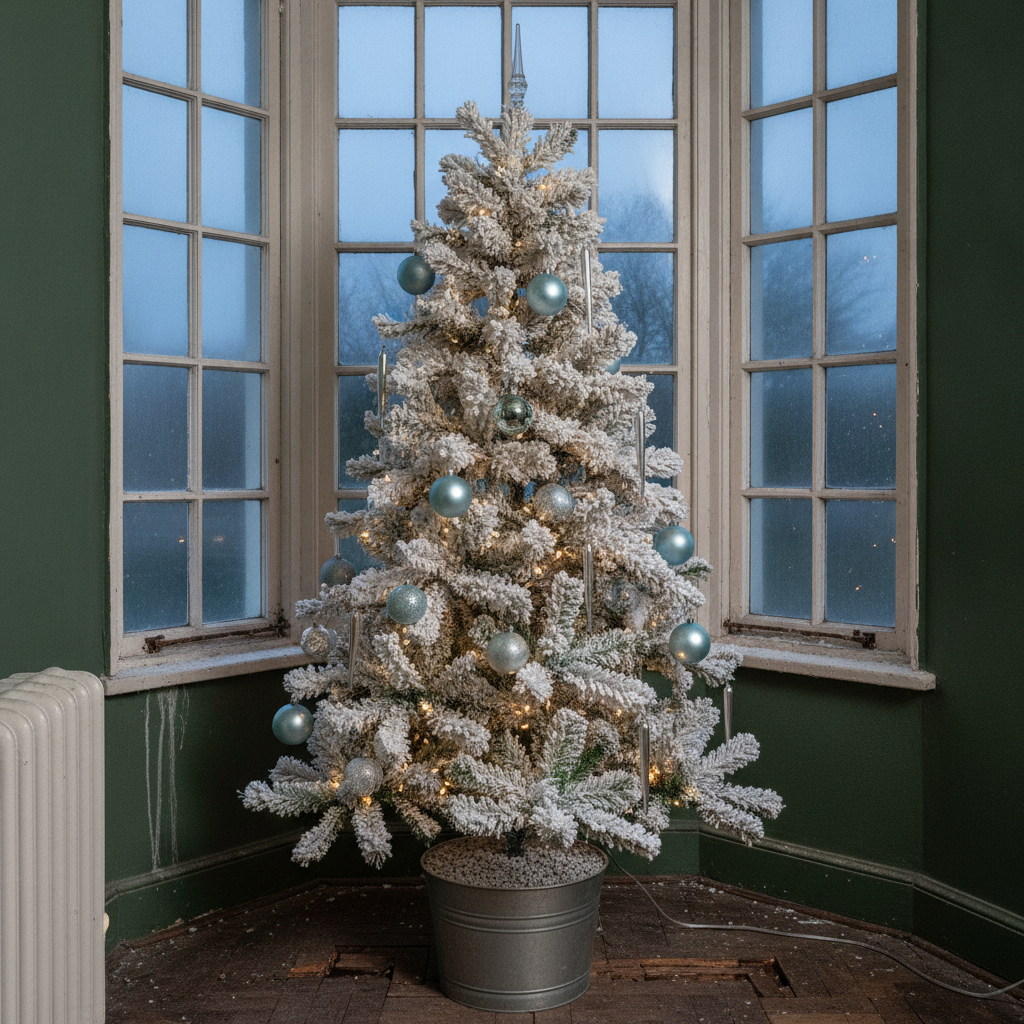 AI Christmas tree design generator result: a heavily flocked white Christmas tree decorated in icy blue and silver in an old bay window at dusk