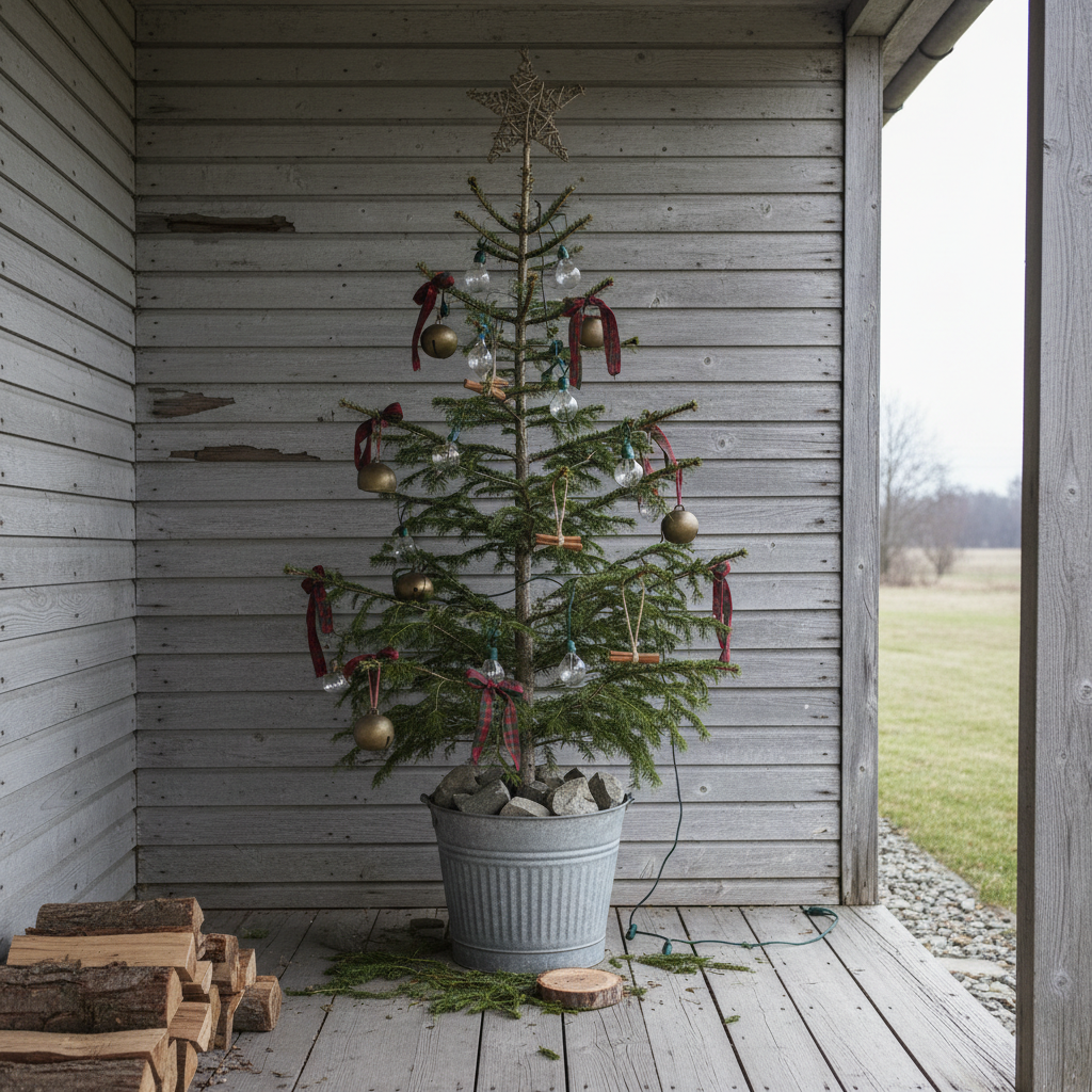 AI Christmas tree design generator result: a sparse rustic balsam fir in a galvanised bucket on a farmhouse porch with checked ribbon and brass bells