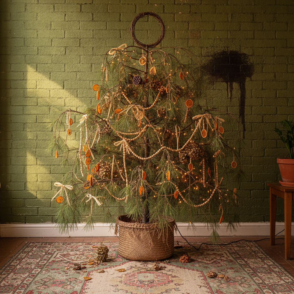 AI Christmas tree design generator result: a boho long-needled pine hung with dried orange slices, wooden bead strands and seed pods against painted brick