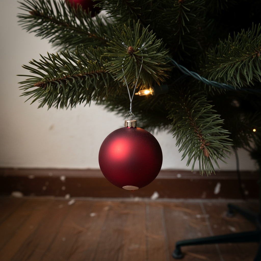 AI Christmas tree design generator result: an extreme close-up of a branch tip with a plain matte red ceramic ornament and a warm bulb glowing behind