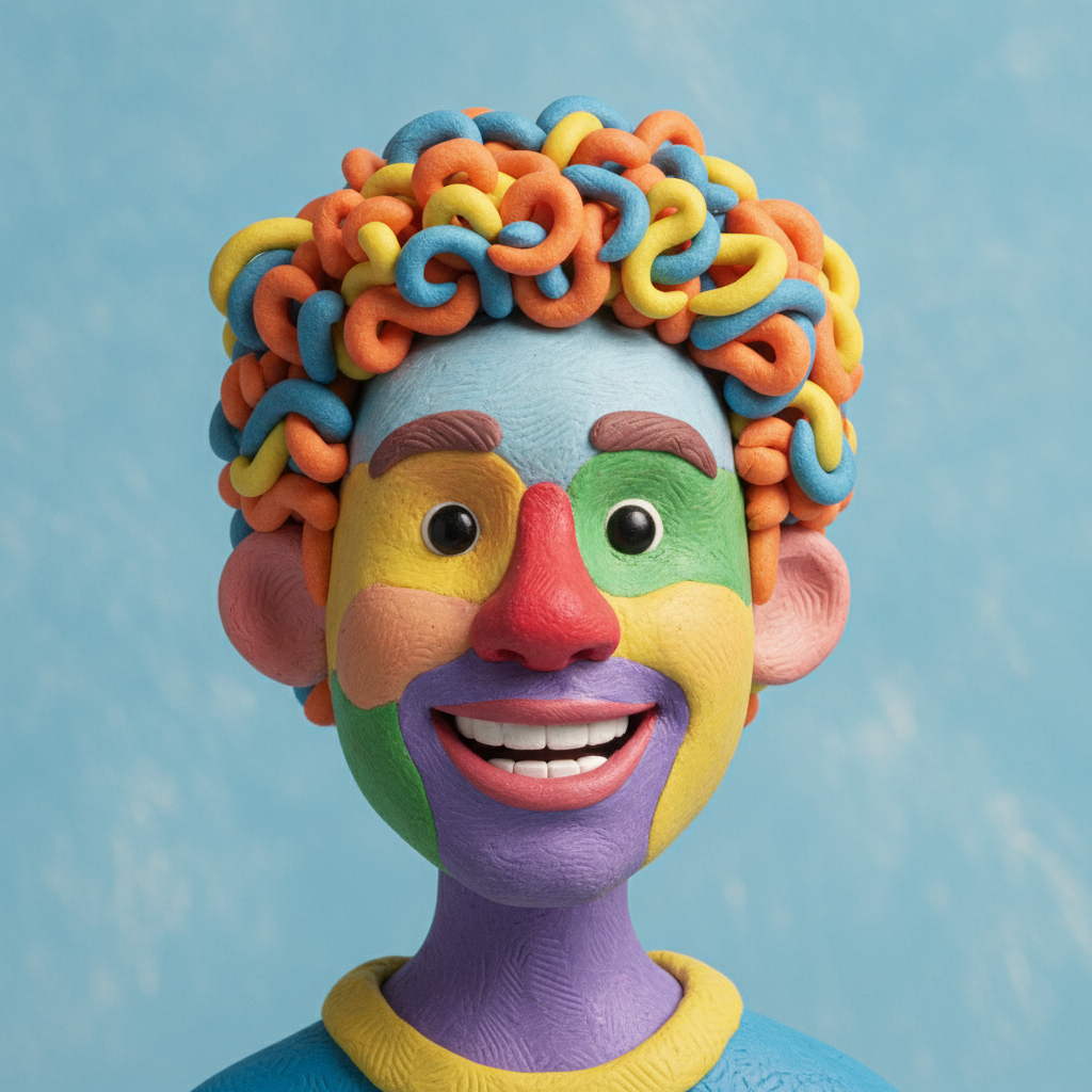 AI claymation generator result showing a smiling man turned into a colorful modeling-clay stop-motion character with visible sculpted fingerprints