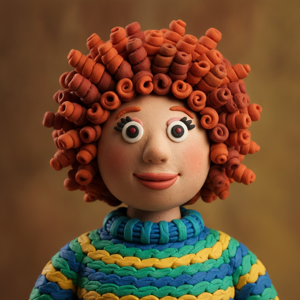 AI claymation generator result showing a curly-haired woman turned into a handmade plasticine clay puppet with warm soft lighting