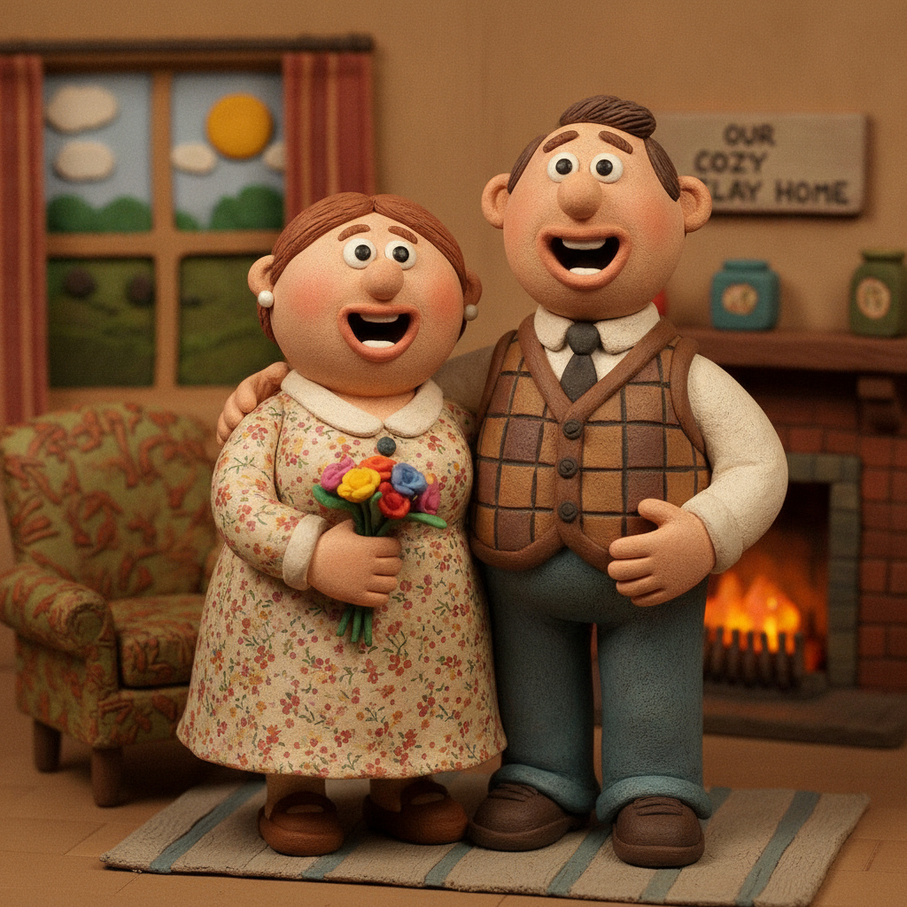 AI claymation generator result showing a happy couple as Wallace and Gromit style stop-motion clay figures on a cozy clay set