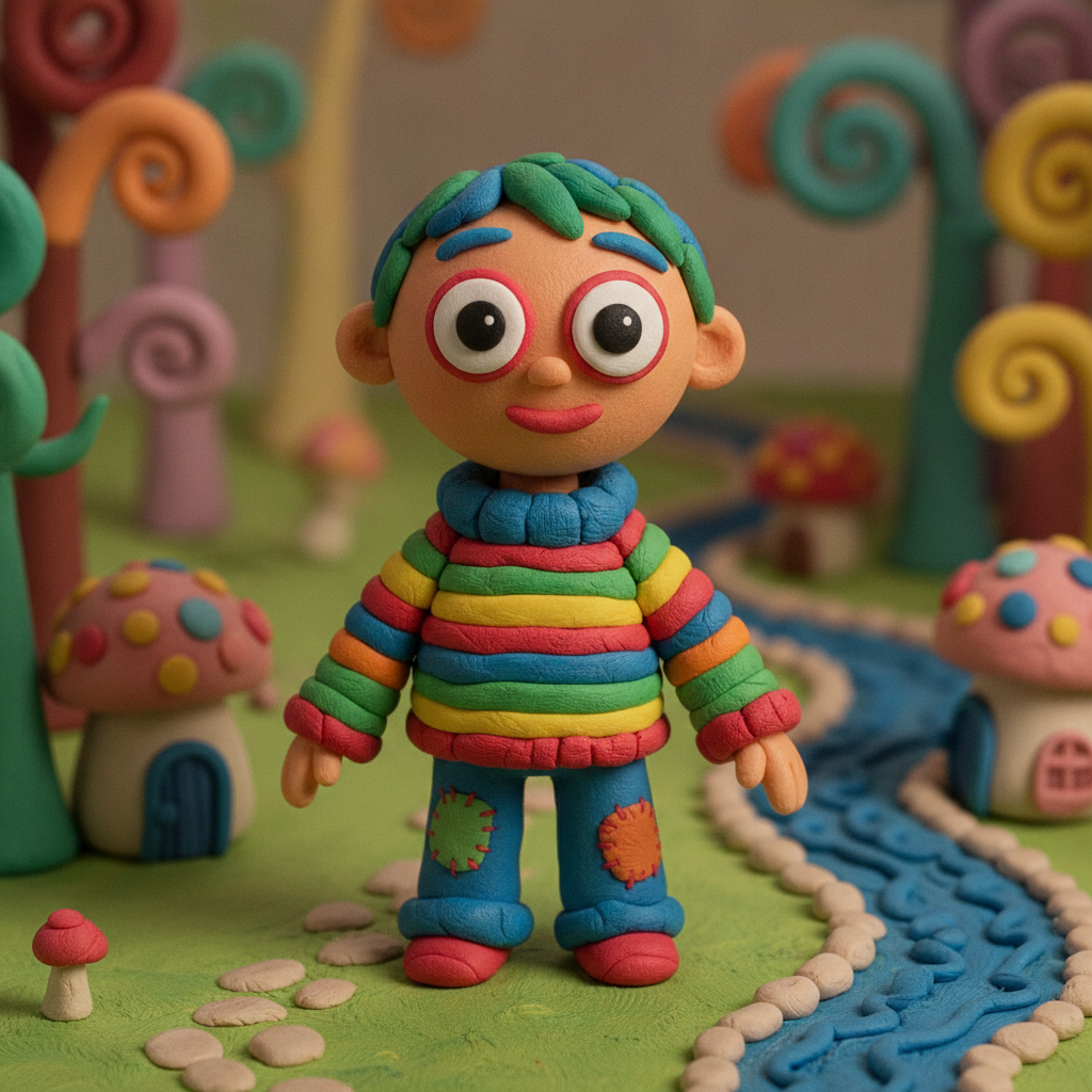 AI claymation generator result showing a child turned into a bright plasticine clay character with big round eyes in a playful diorama