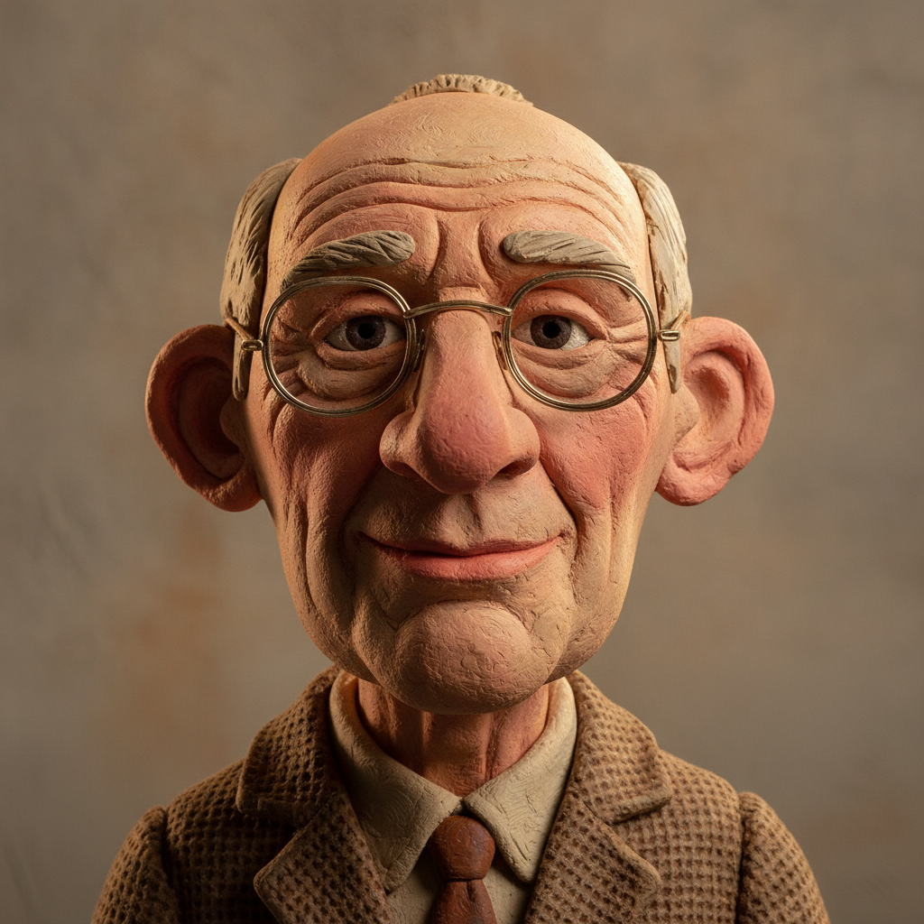 AI claymation generator result showing an older man with glasses sculpted as a detailed claymation movie character with warm studio lighting