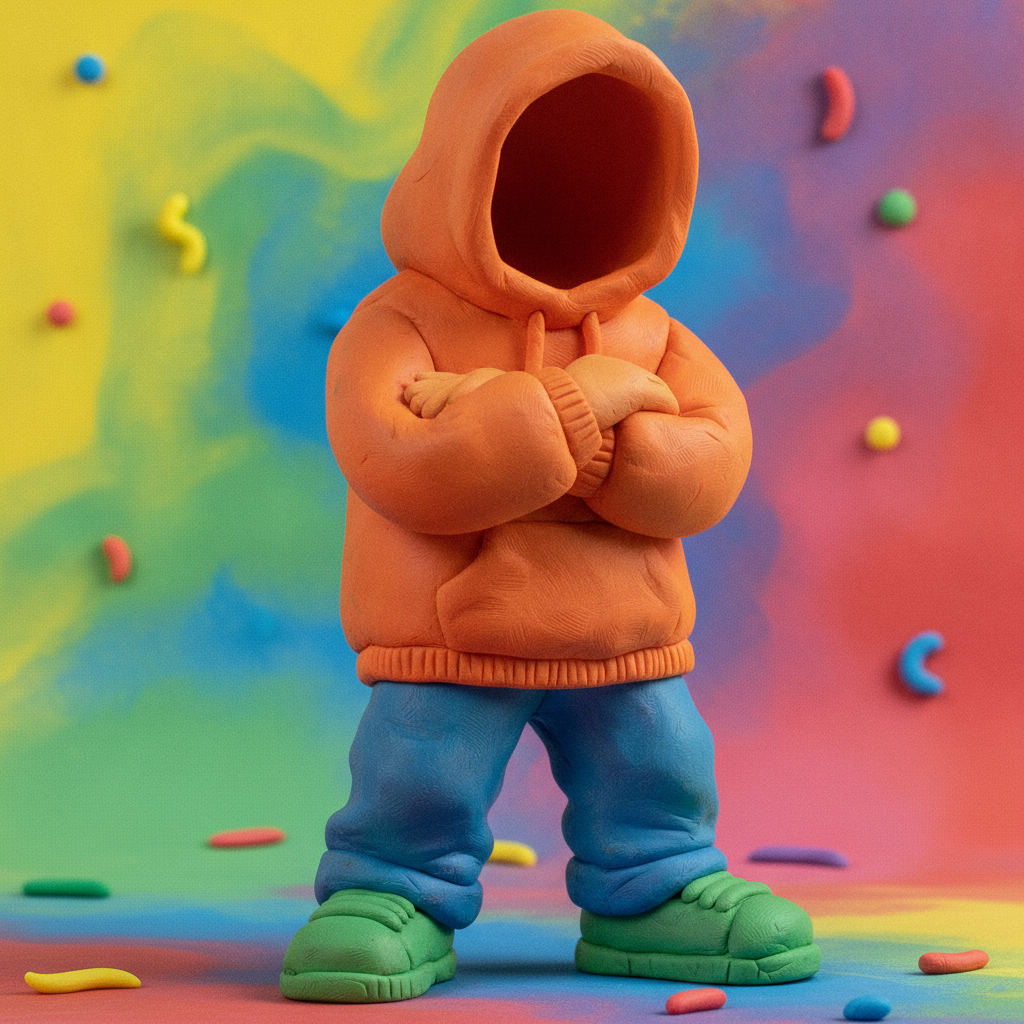 AI claymation generator result showing a person in a hoodie turned into a vibrant modeling-clay stop-motion figure with visible sculpting marks