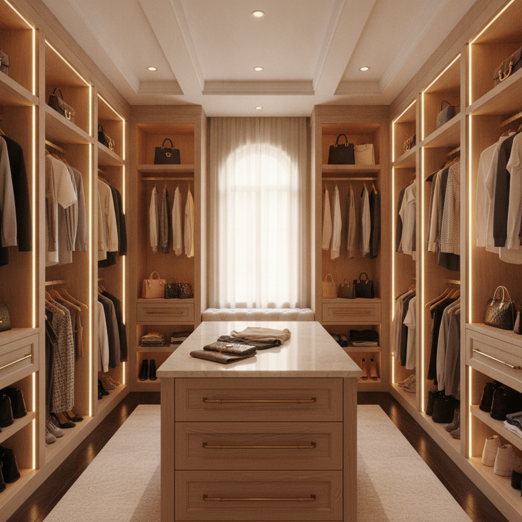 AI closet design generator result in a luxury walk-in style: warm white oak cabinetry on three walls with open shelving and hanging rails, a central island with a light stone top and brass pulls, a cream rug and integrated LED strip lighting along every shelf edge