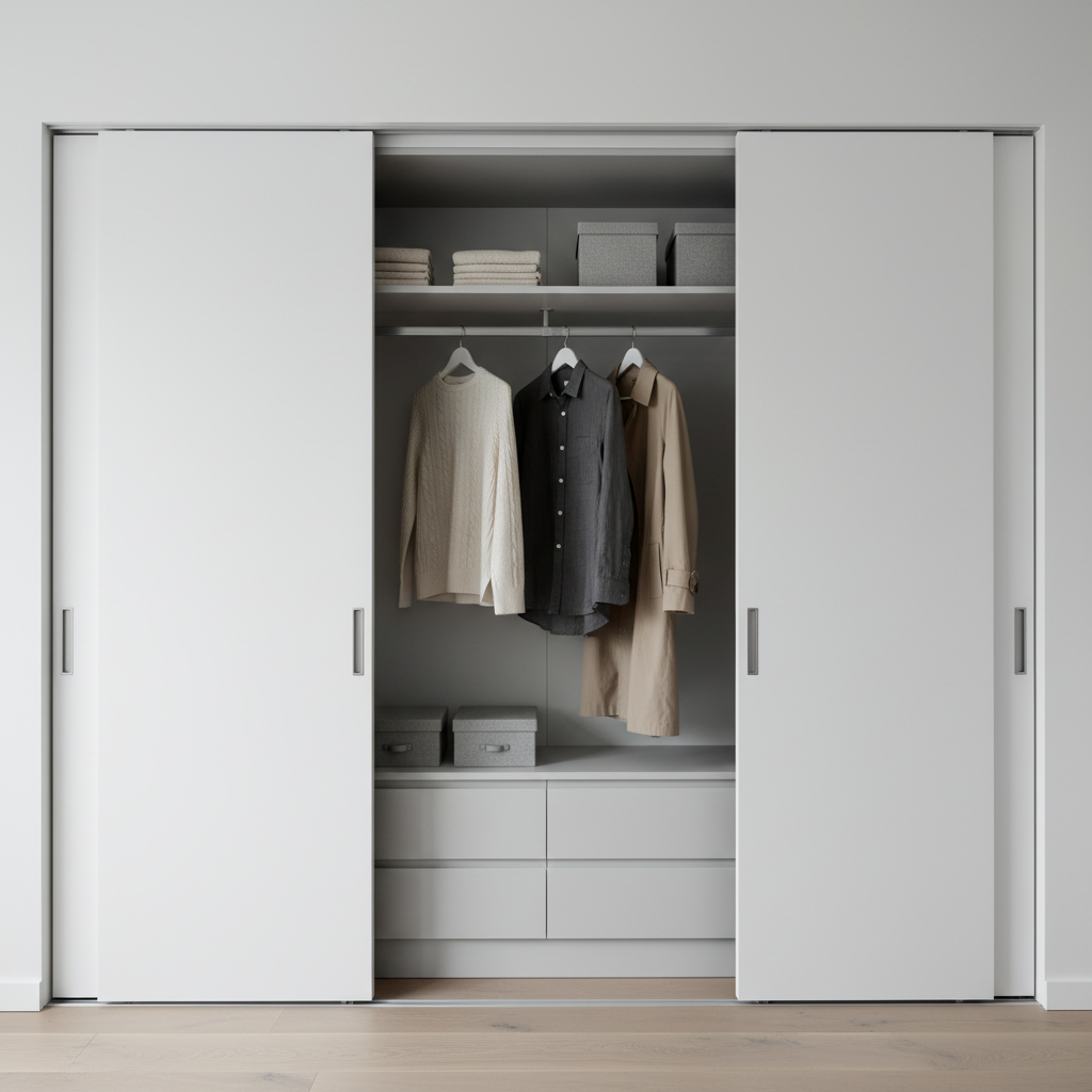Modern minimalist reach-in closet designed with AI: flat matte white sliding doors opened to reveal a single hanging rail, pale grey shelving, plain storage boxes and a bank of handleless drawers above a pale oak floor in cool even daylight