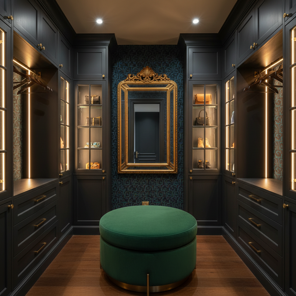 Boutique dressing room from the AI closet design generator: dark charcoal cabinetry with brushed brass rails, glass-front display cabinets lit from within, an emerald velvet ottoman and a large gold-framed mirror under moody accent lighting