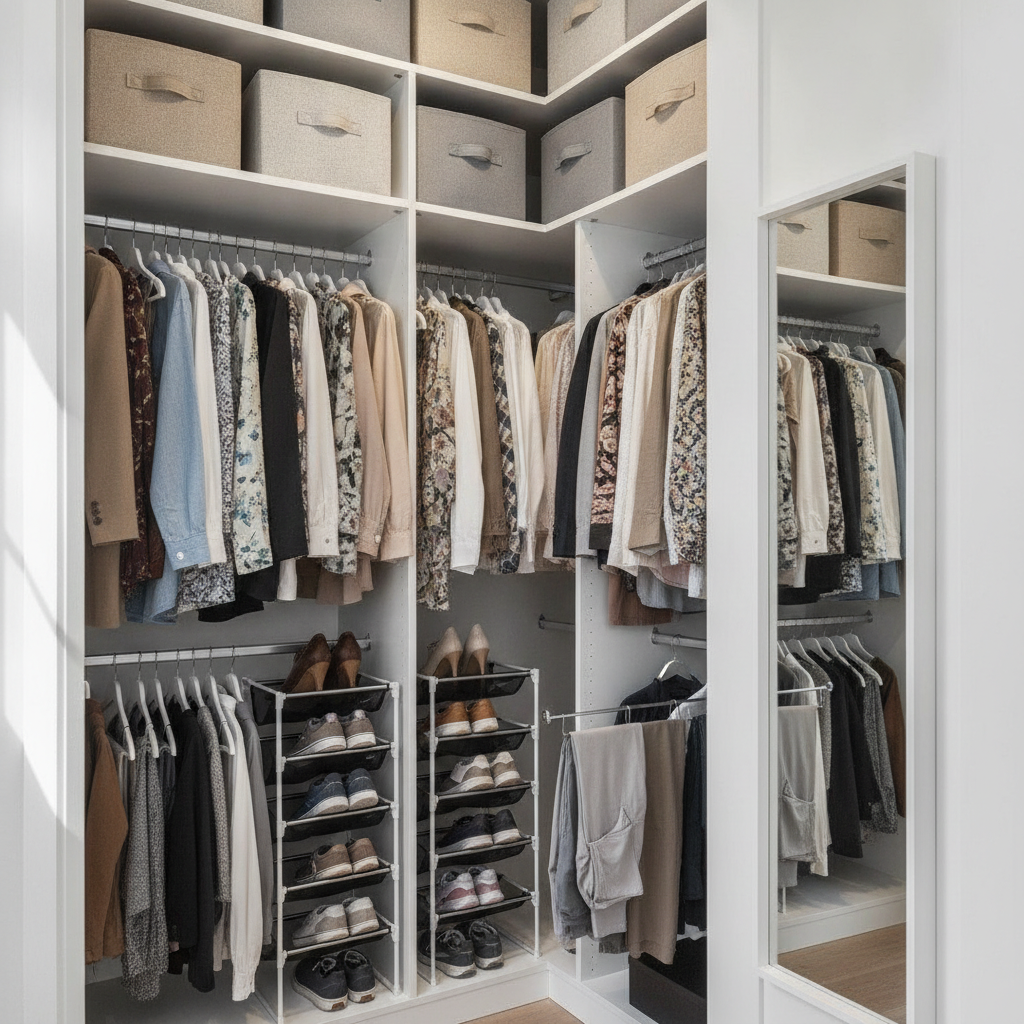 Small bedroom closet maximised for storage by AI: floor-to-ceiling white units with double hanging rails, fabric storage boxes on the top shelf, a slim shoe rack, a pull-out trouser rail and a narrow full-length mirror