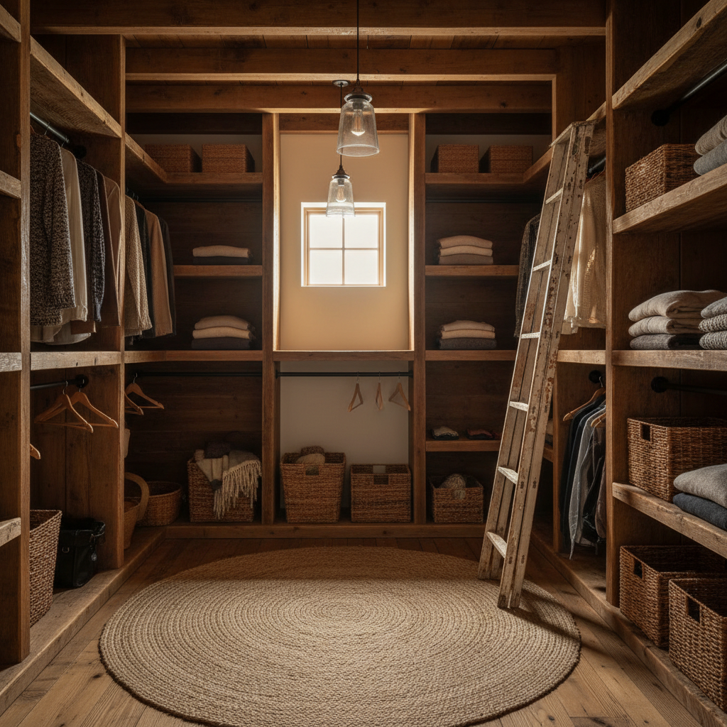 Rustic farmhouse walk-in wardrobe generated with AI: reclaimed wood shelving, black iron pipe hanging rails, woven rattan baskets, a jute rug on wide-plank pine and clear glass pendant lights in golden afternoon sun