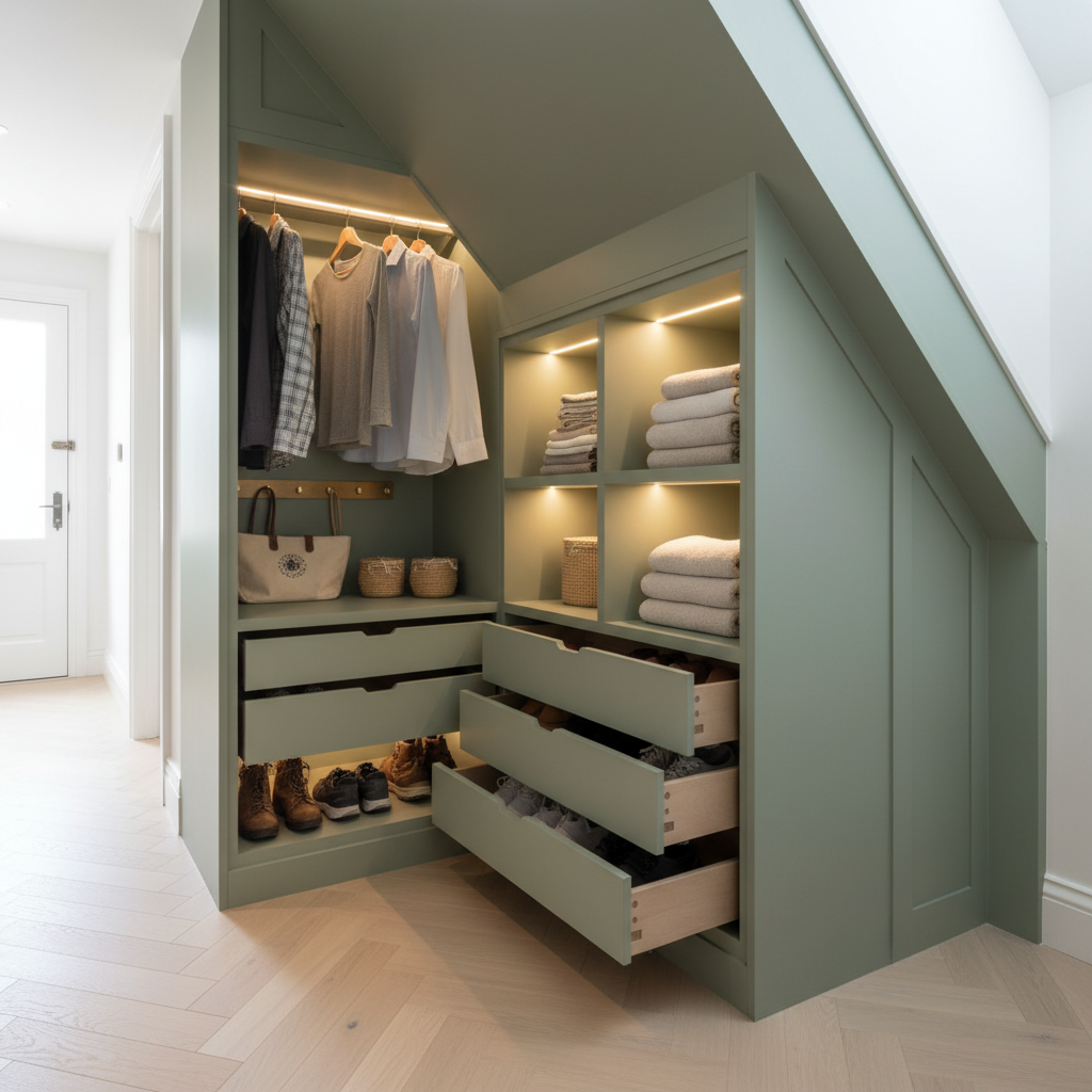 Under-stairs closet conversion from the AI closet design generator: custom angled joinery in soft sage green with pull-out shoe drawers, a hanging rail under the tallest section, open cubbies and warm strip lighting inside each opening