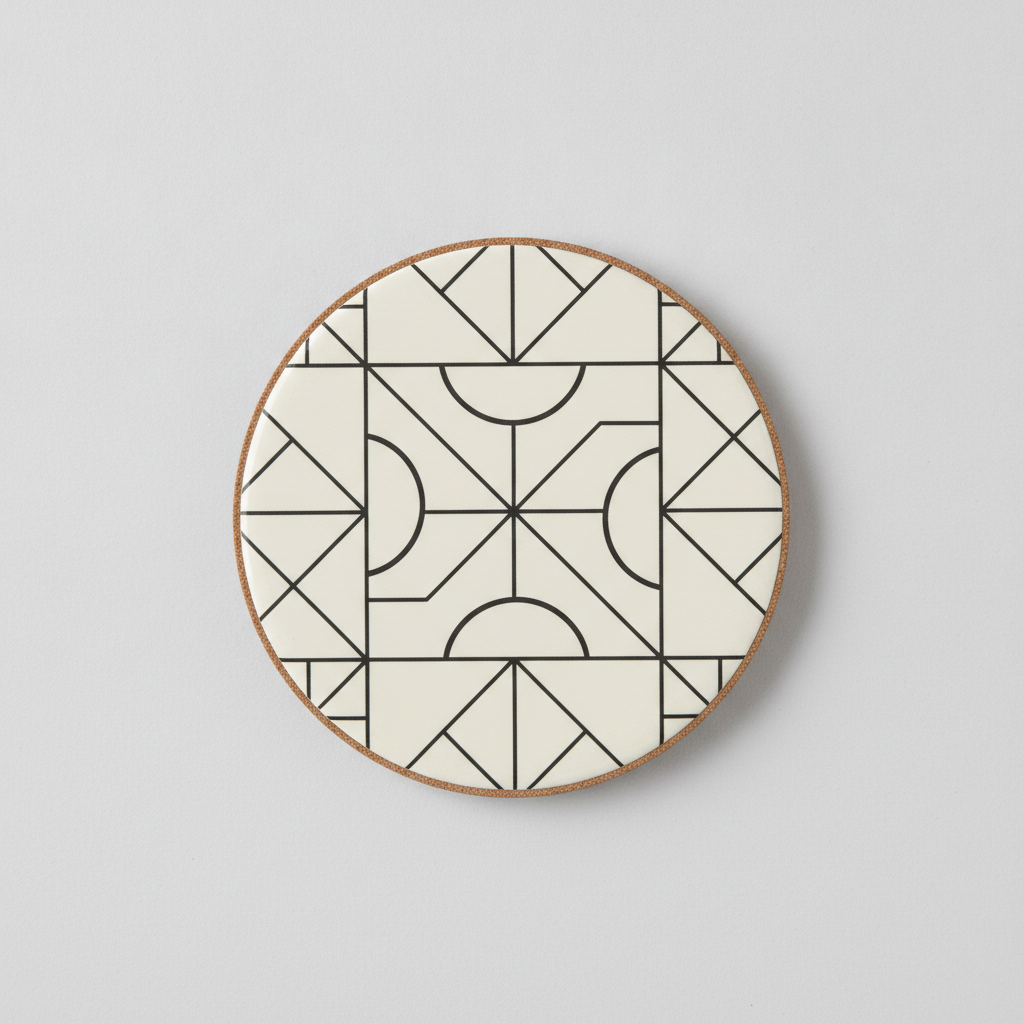 AI coaster design generator result: a round cork-edged coaster in cream printed with a black geometric line-art pattern of triangles, half circles and fine grid lines