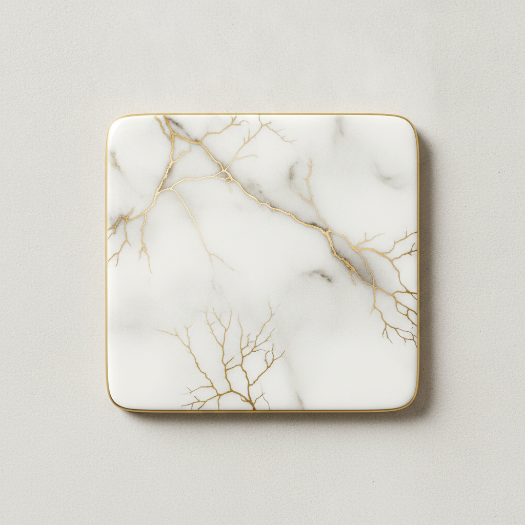 Marble coaster design made with AI: a square white marble coaster with branching gold veining and a thin gold rim on a pale grey table