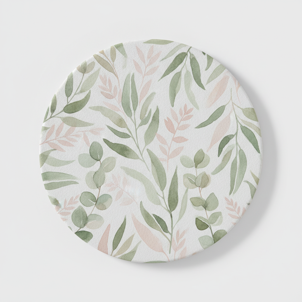 Botanical coaster design from the AI coaster design generator: a round ceramic coaster covered in soft watercolour eucalyptus and leaf sprigs in sage green and blush pink