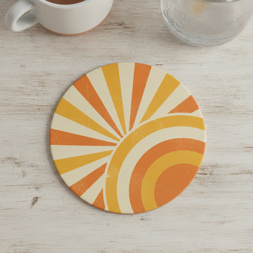 Retro coaster design made with AI: a round coaster printed with a 1970s sunburst of mustard, burnt orange and cream rays and arcs, on whitewashed wood beside a mug and a glass