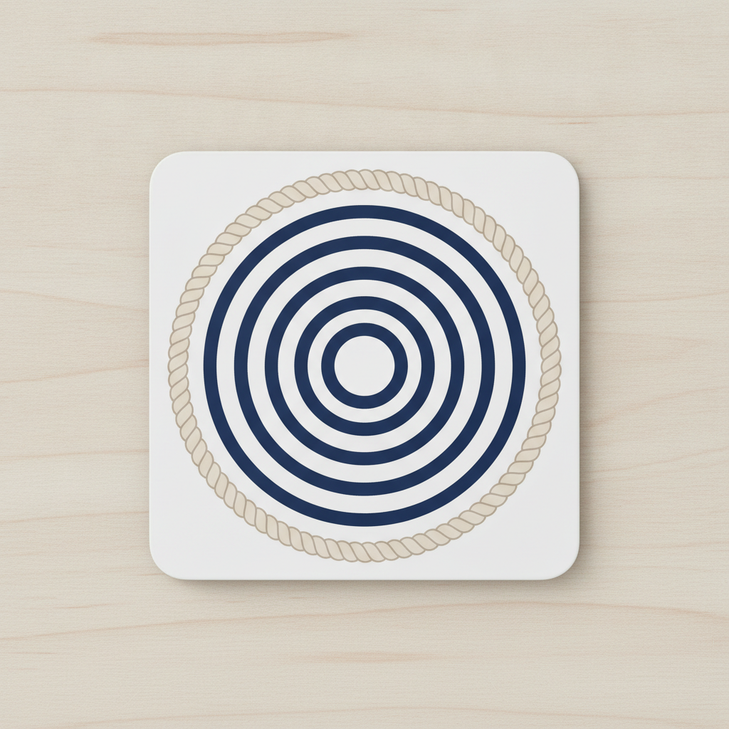 Nautical coaster design from the AI coaster design generator: a square white coaster with navy concentric rings inside a tan rope circle on pale birch wood