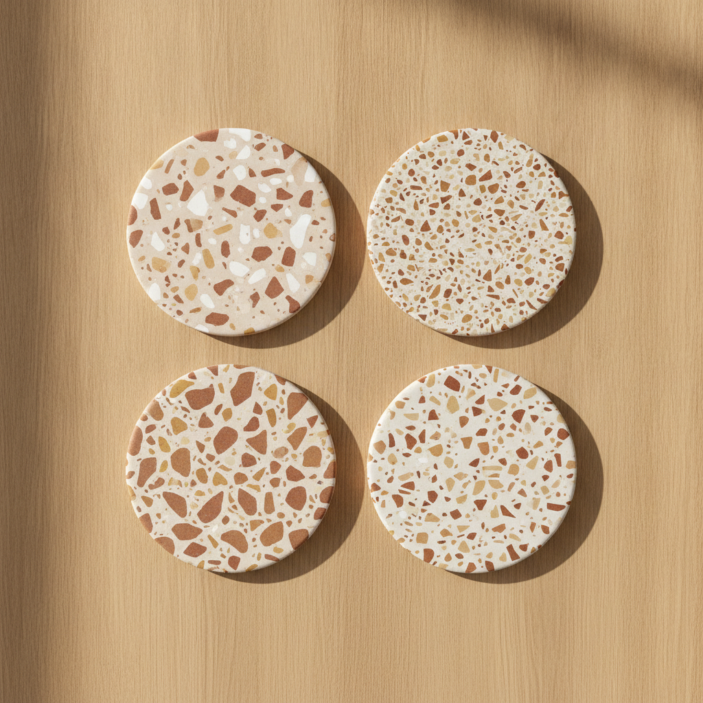 A coordinated set of four round terrazzo coasters designed with AI, each with a different speckled pattern in terracotta, ochre and cream, arranged on an oak table