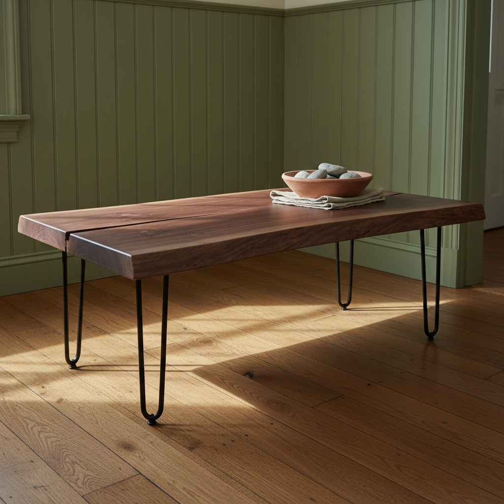 AI coffee table design generator result: a thick live-edge dark walnut slab coffee table on four blackened steel hairpin legs, standing on oak floorboards against an olive green tongue-and-groove boarded wall.