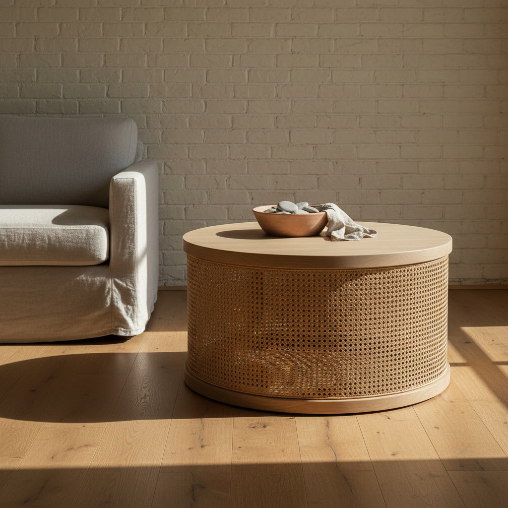AI coffee table design generator result: a round woven cane drum coffee table with a pale ash top, standing beside a linen sofa on honey oak floorboards against a limewashed brick wall.