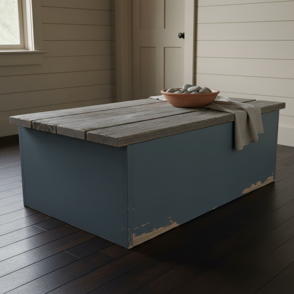 AI coffee table design generator result: a chunky reclaimed scaffold board coffee table on a slate blue painted plinth base, the paint chipped back to bare timber along the bottom edge.