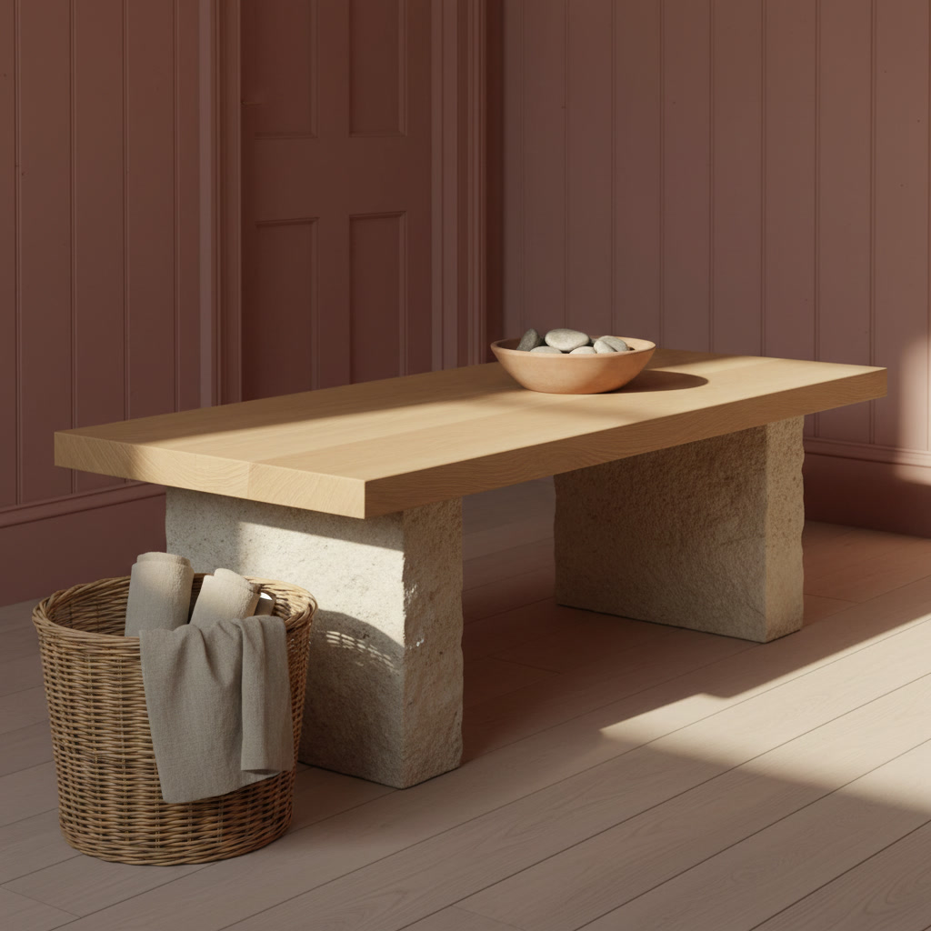 AI coffee table design generator result: a thick pale oak slab coffee table resting on two rough honed limestone block legs, with a clay pink boarded wall behind.