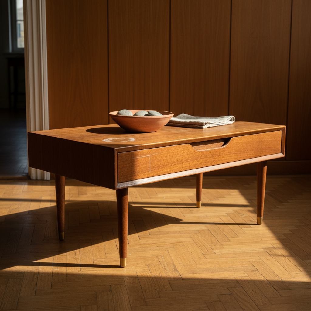 AI coffee table design generator result: a mid-century darkened teak coffee table with one wide drawer, a routed finger pull and four round tapered legs on brass ferrules.