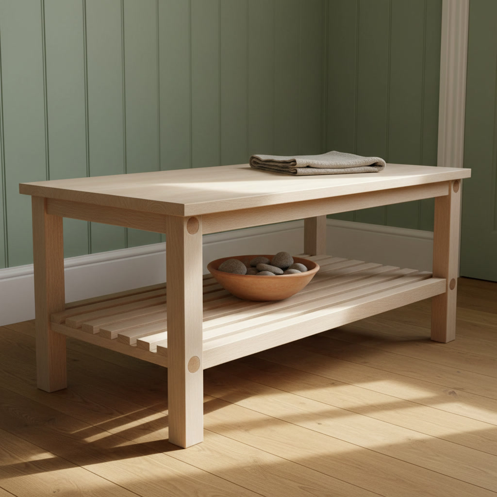 AI coffee table design generator result: a two-tier pale ash coffee table with a slatted lower shelf housed into both rails and oak pegs driven through the legs.