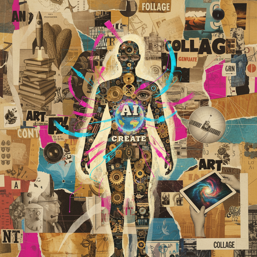 AI collage art generator hero — vibrant mixed media digital collage with vintage magazine cutouts, paper textures, hand-torn edges, layered photographs, bold typography fragments, surrealist composition, contemporary art collage aesthetic