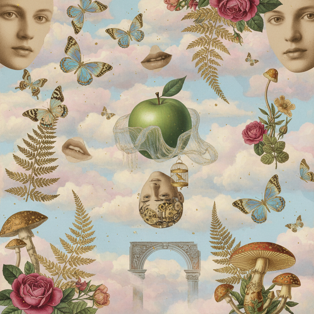 AI collage art generator surrealist art collage — dreamy floating elements, vintage portrait fragments, butterfly cutouts, antique botanical illustrations, gold leaf accents, pastel cloud backgrounds, Magritte-inspired fine art collage