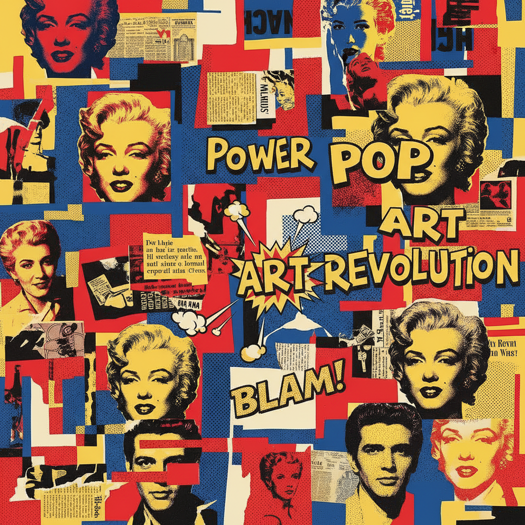 AI collage art generator pop art collage — bold halftone dots, retro magazine fragments, primary color blocks, fragmented portraits, Andy Warhol Roy Lichtenstein inspired, vibrant red yellow blue palette, contemporary pop art