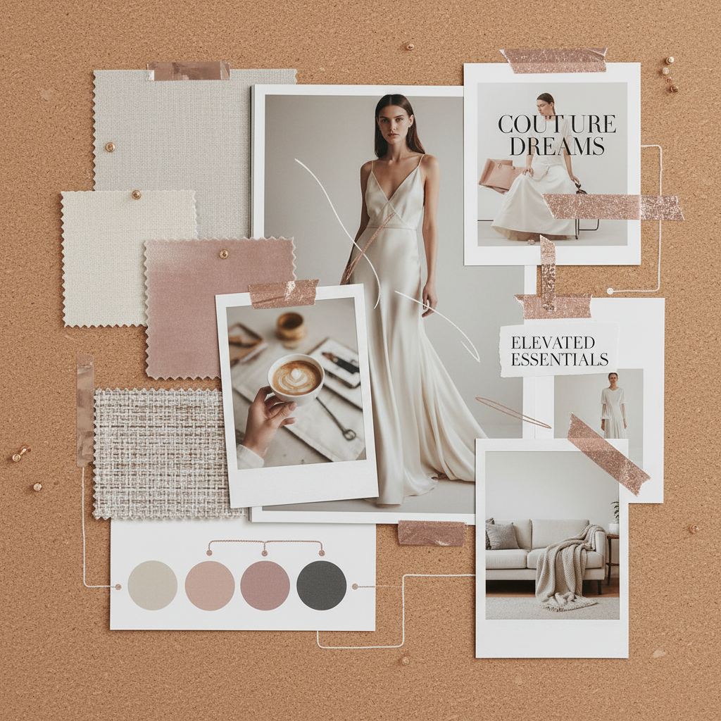 AI collage art generator mood board collage — curated lifestyle photographs, fabric swatches, color palette swatches, fashion magazine clippings, polaroid frames, soft neutral tones with rose gold accents, designer aesthetic