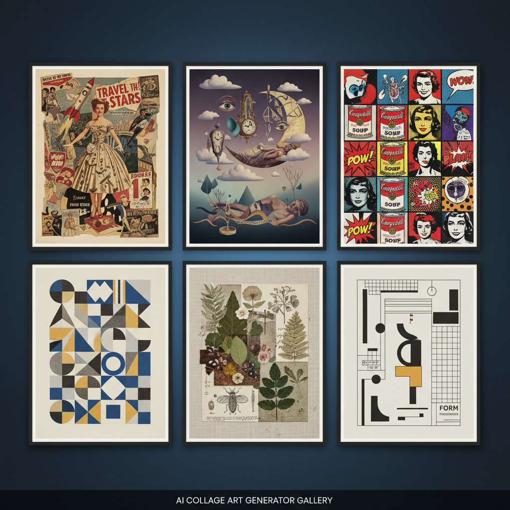 AI collage art generator gallery grid — six varied art collage styles including vintage magazine collage, surrealist dream collage, pop art collage, geometric abstract collage, nature mixed media collage, and minimalist Bauhaus collage