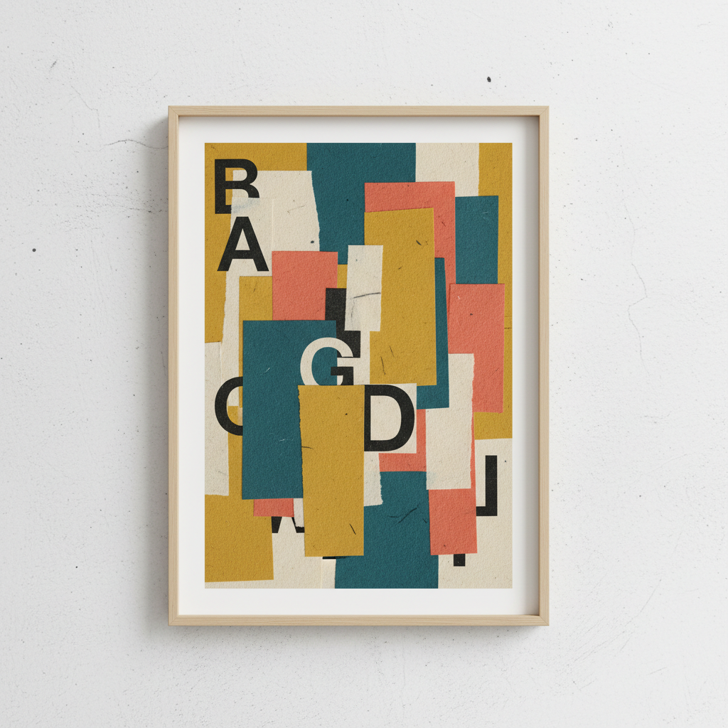 AI collage art generator Bauhaus geometric abstract collage — bold shapes, color blocks in mustard yellow deep teal coral and cream, paper texture overlays, modernist typography fragments, mid-century design aesthetic, abstract art collage